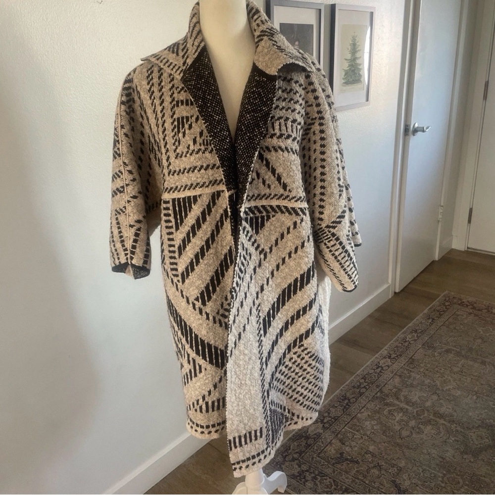 Tory Burch Jacquard Knit Wool Blend Sweater Coat XS Geometric Oversized